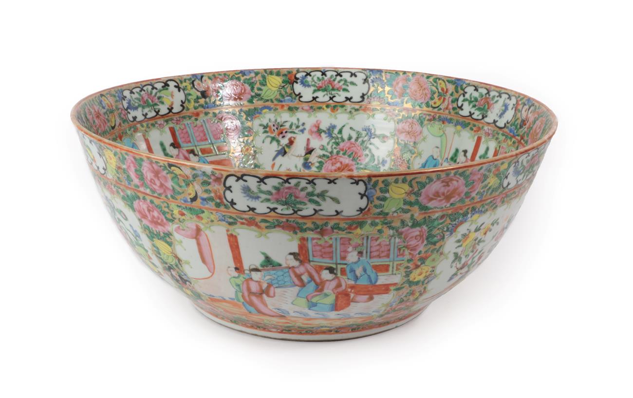 A Cantonese Porcelain Punch Bowl, mid 19th century, typically painted in famille rose enamels with