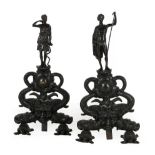 A Pair of Bronze Figural Andirons, in Renaissance style, cast with Diana and a classical youth, on