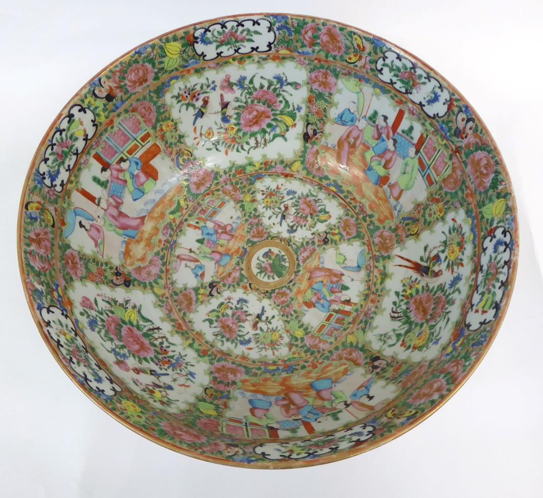 A Cantonese Porcelain Punch Bowl, mid 19th century, typically painted in famille rose enamels with - Image 3 of 7