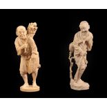 A Japanese Ivory Figure of a Woodsman, Meiji period, holding a basket of sticks on his back, a hat