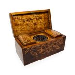 A Regency Mahogany and Pokerwork Tea Caddy, circa 1820, of rectangular form, containing two domed