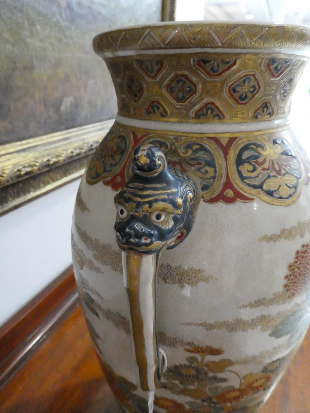 A Satsuma Earthenware Vase, Meiji period, of baluster form with flared neck and twin mask handles, - Image 2 of 8