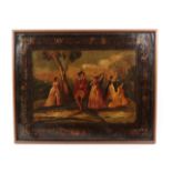 A Regency Toleware Panel, early 19th century, painted with rustic figures in landscape within a