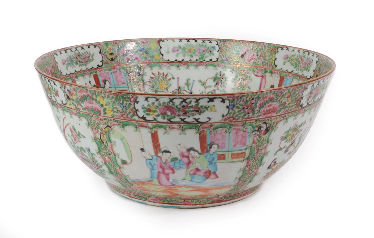 A Cantonese Porcelain Punch Bowl, mid 19th century, typically painted in famille rose enamels with