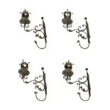 A Set of Four Green Painted Wrought and Cast Metal Wall Sconces, in 16th century Spanish style, with