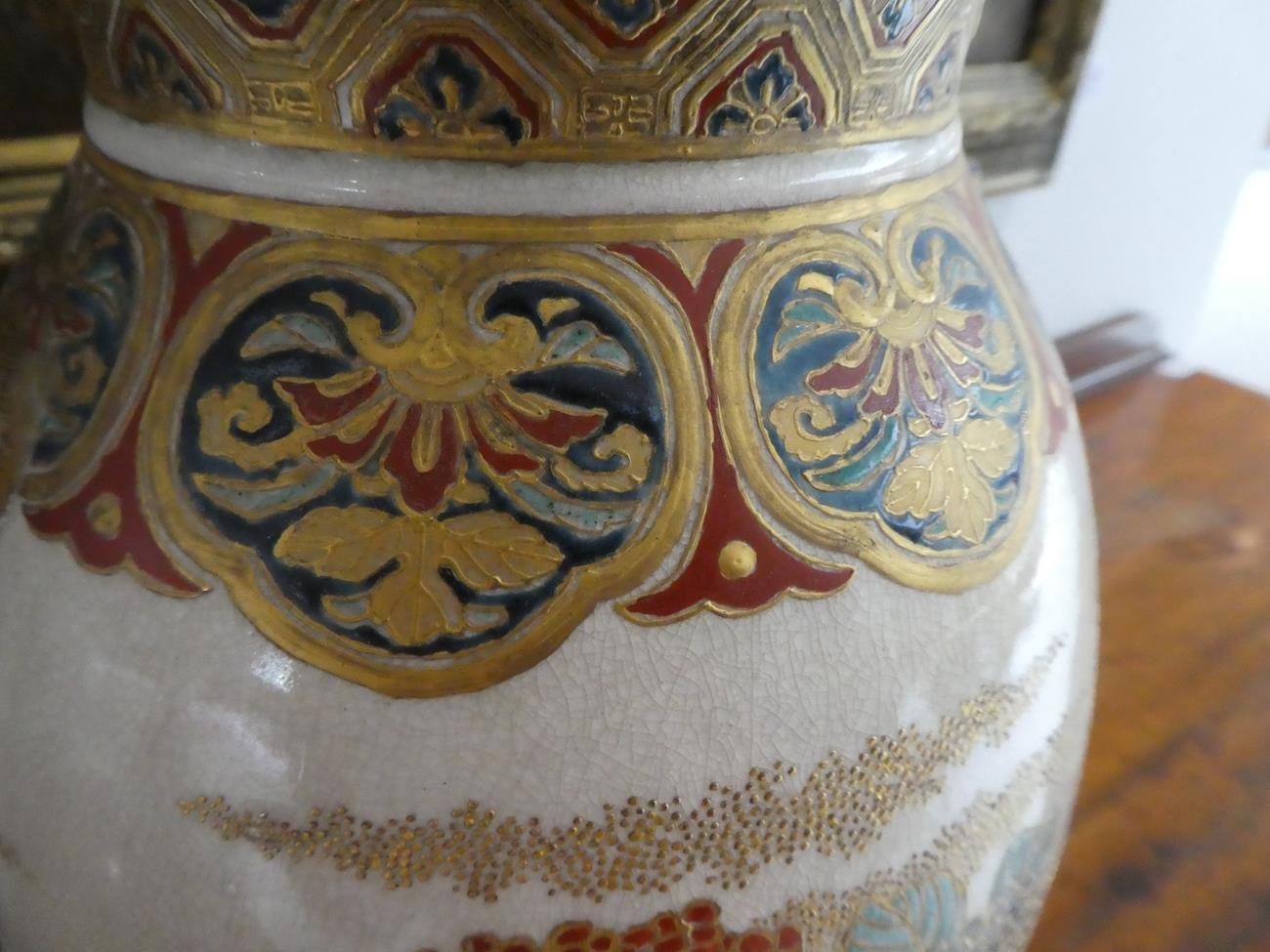 A Satsuma Earthenware Vase, Meiji period, of baluster form with flared neck and twin mask handles, - Image 5 of 8