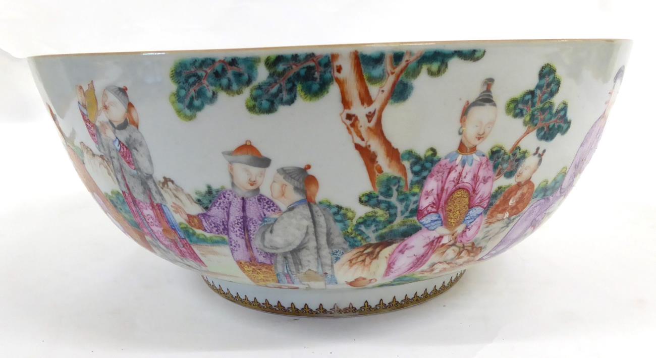 A Chinese Porcelain Punch Bowl, Qianlong, painted in famille rose enamels with figures at various - Image 4 of 7