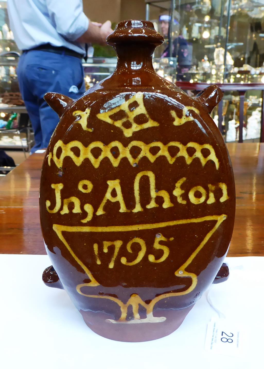 A Slipware Flask, dated 1795, of flattened ovoid form with four loop handles, inscribed Jno, - Image 5 of 11