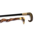 A Horn and Ebonised Walking Stick, late 19th century, the foliate collar stamped 18ct and