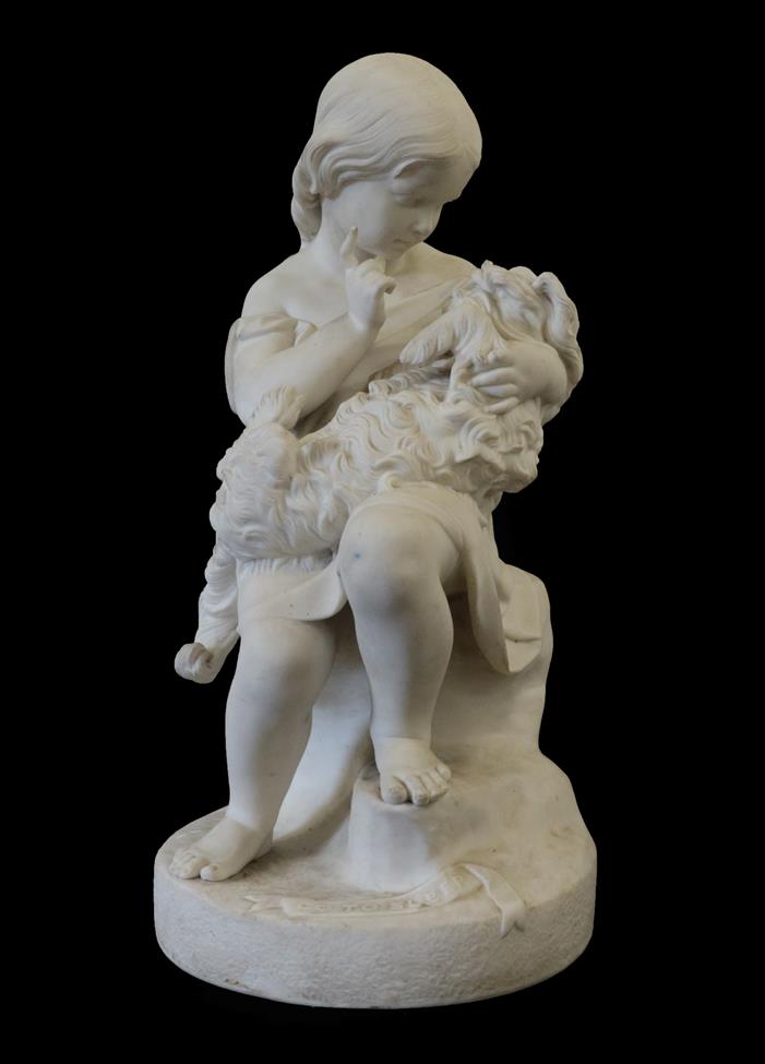 A Copeland Parian Figure Group, late 19th century, as a young girl holding a dog, on a mound base