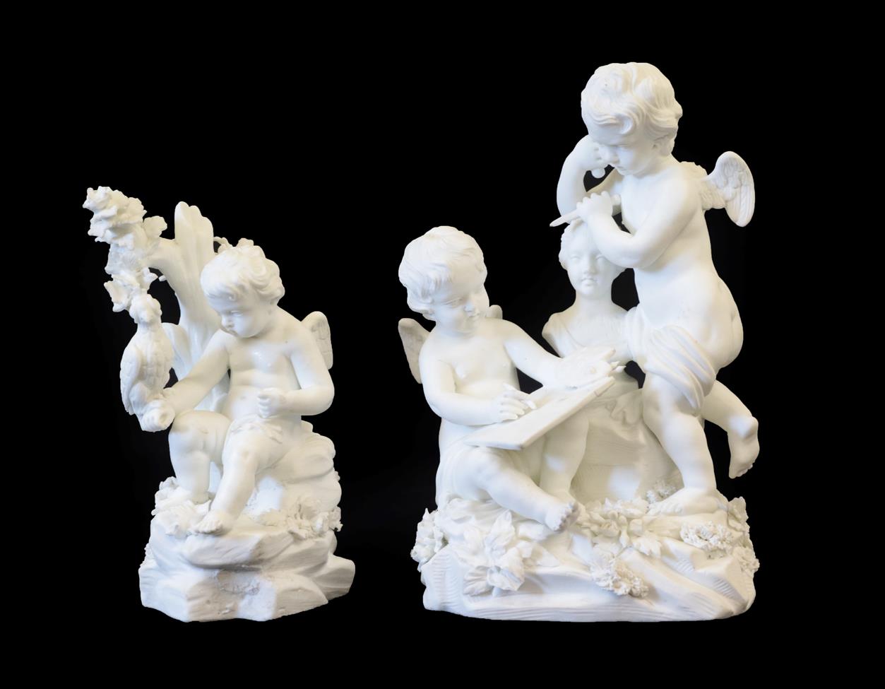 A Derby Bisque Porcelain Figure Group Representing The Arts, circa 1780, modelled as two putti,