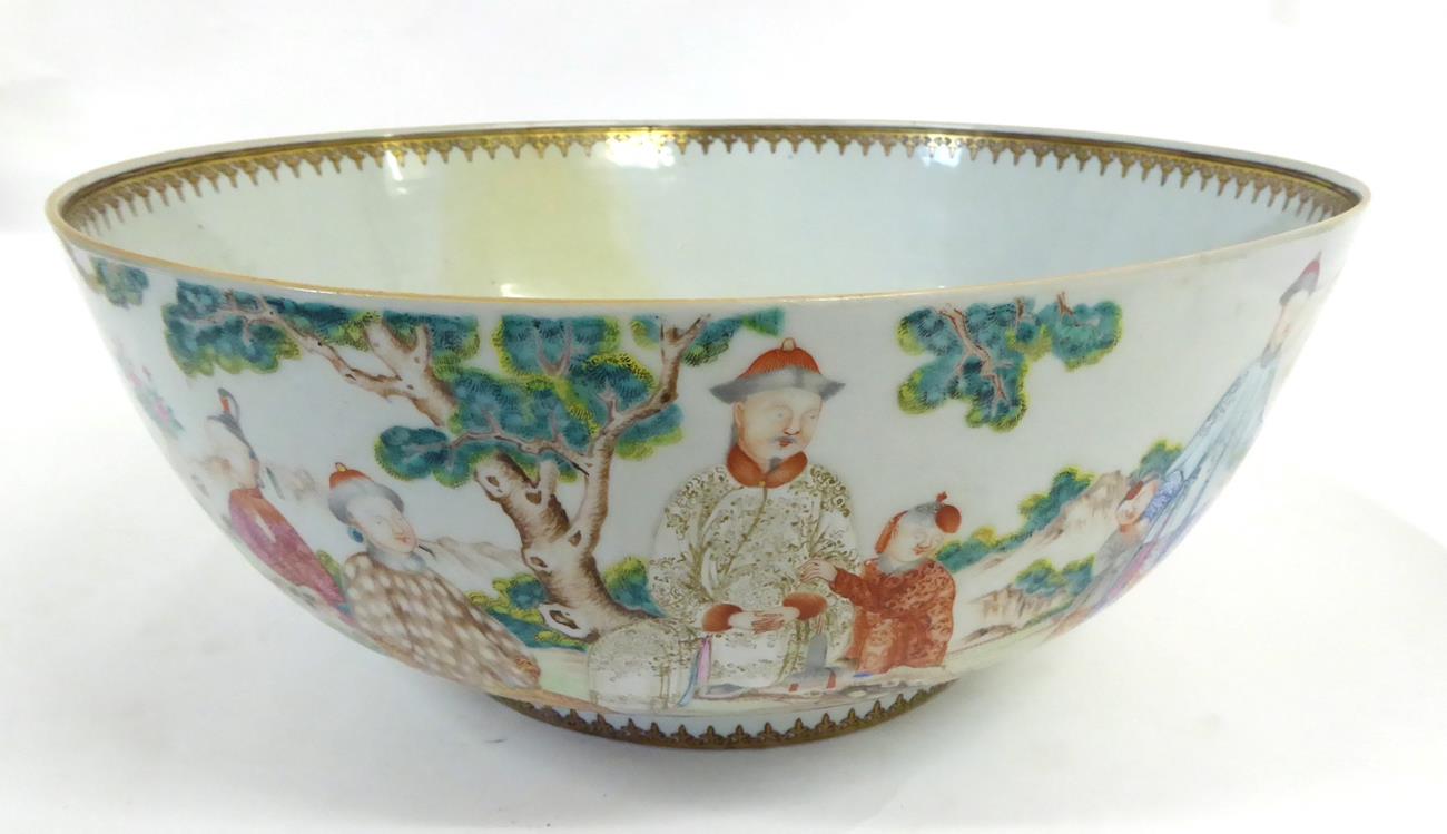 A Chinese Porcelain Punch Bowl, Qianlong, painted in famille rose enamels with figures at various - Image 6 of 7