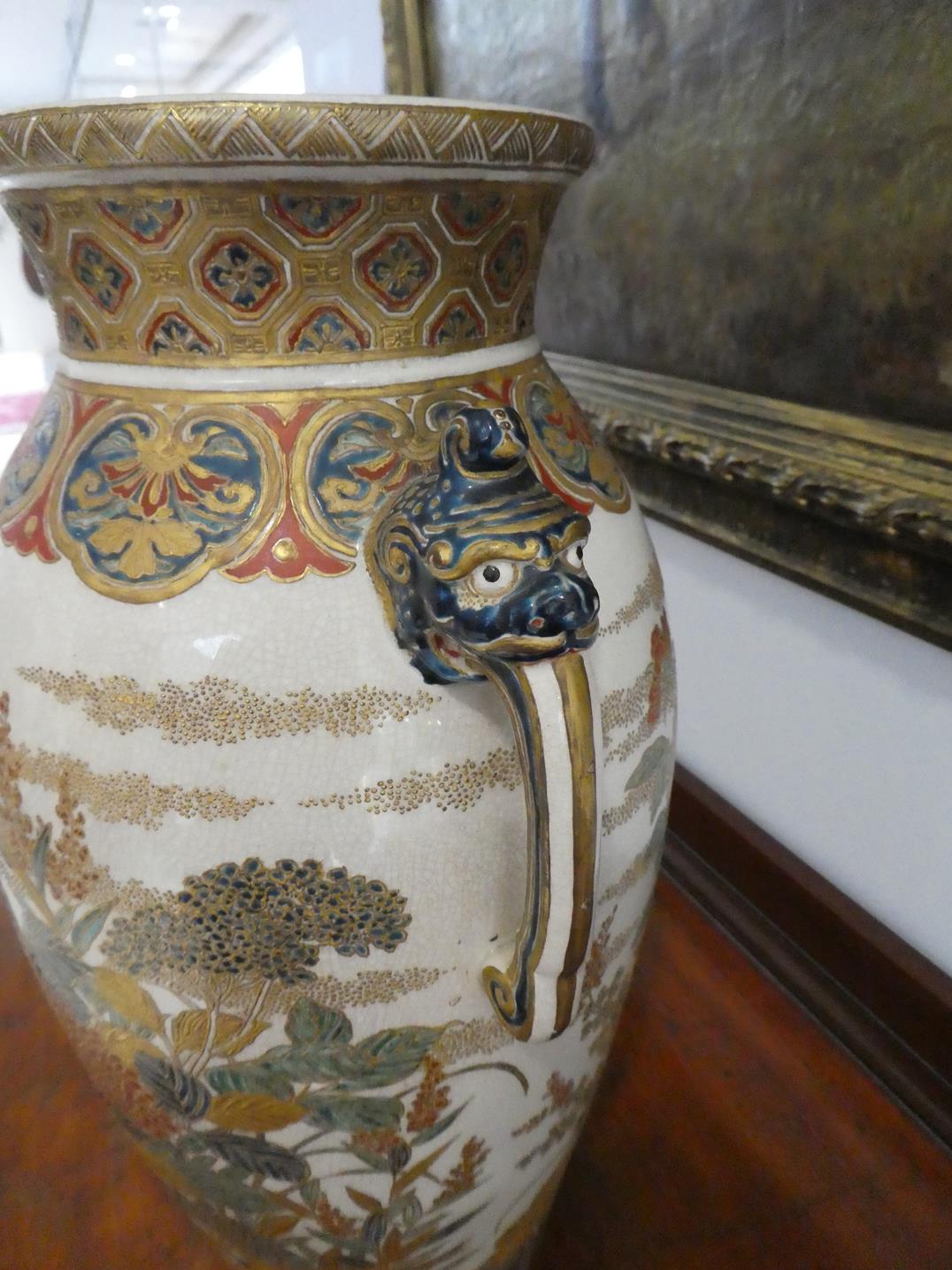 A Satsuma Earthenware Vase, Meiji period, of baluster form with flared neck and twin mask handles, - Image 3 of 8