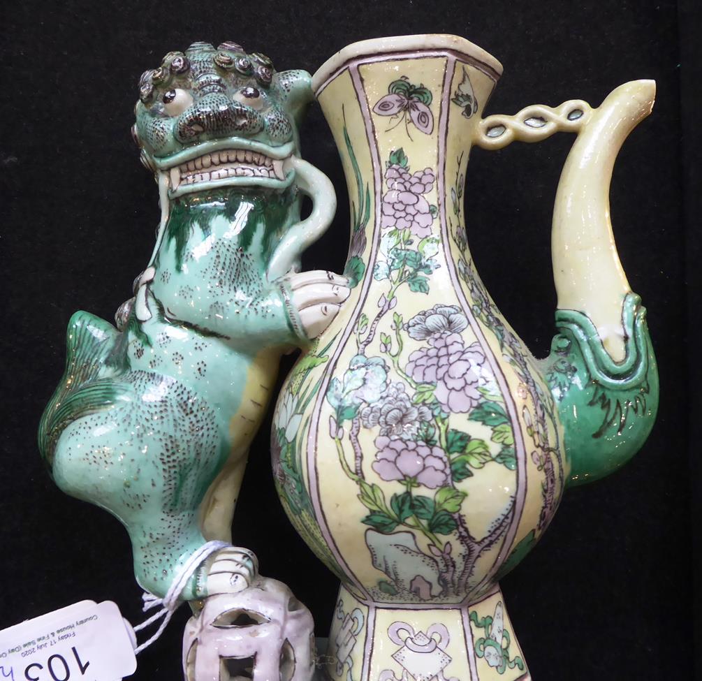 A Pair of Chinese Bisque Ewers and A Cover, in Kangxi style, of baluster form with dog of fo handles - Image 12 of 16
