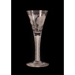 A Jacobite Wine Glass, circa 1750, the drawn trumpet bowl engraved with a rose with two buds and