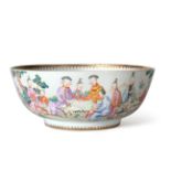 A Chinese Porcelain Punch Bowl, Qianlong, painted in famille rose enamels with figures at various