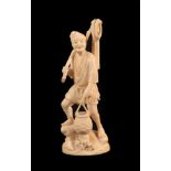 A Japanese Ivory Okimono as a Fisherman, Meiji period, standing holding a net, a pole and a