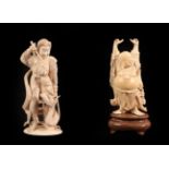 A Japanese Ivory Okimono as a Samurai, Meiji period, standing holding a knife, a dragon at his feet,