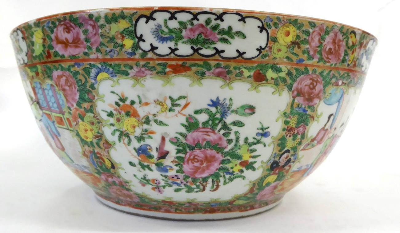 A Cantonese Porcelain Punch Bowl, mid 19th century, typically painted in famille rose enamels with - Image 6 of 7