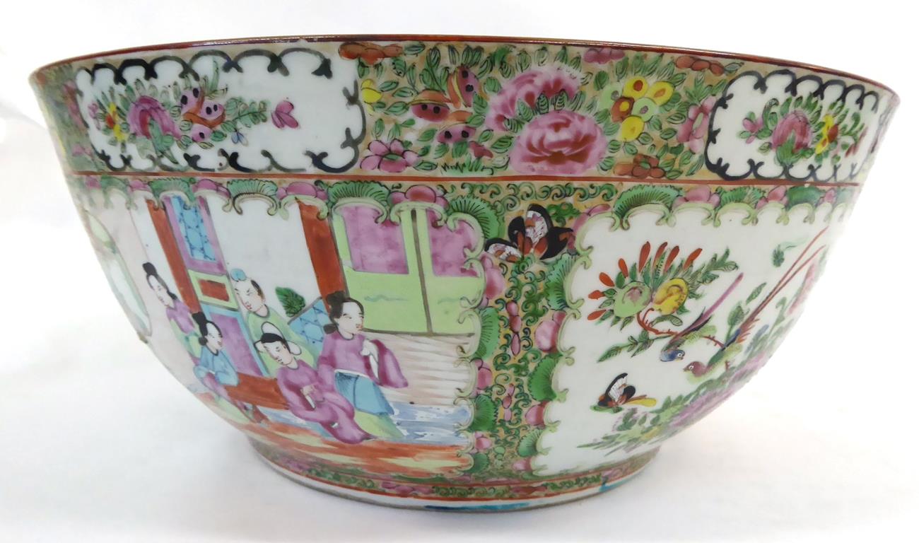 A Cantonese Porcelain Punch Bowl, mid 19th century, typically painted in famille rose enamels with - Image 4 of 7