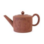 A Staffordshire Red Stoneware Teapot and Cover, circa 1750, of cylindrical form, moulded and applied