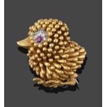 A Ruby and Diamond Brooch, by Kutchinsky, stylised in the form of a chick, the eye formed of a round