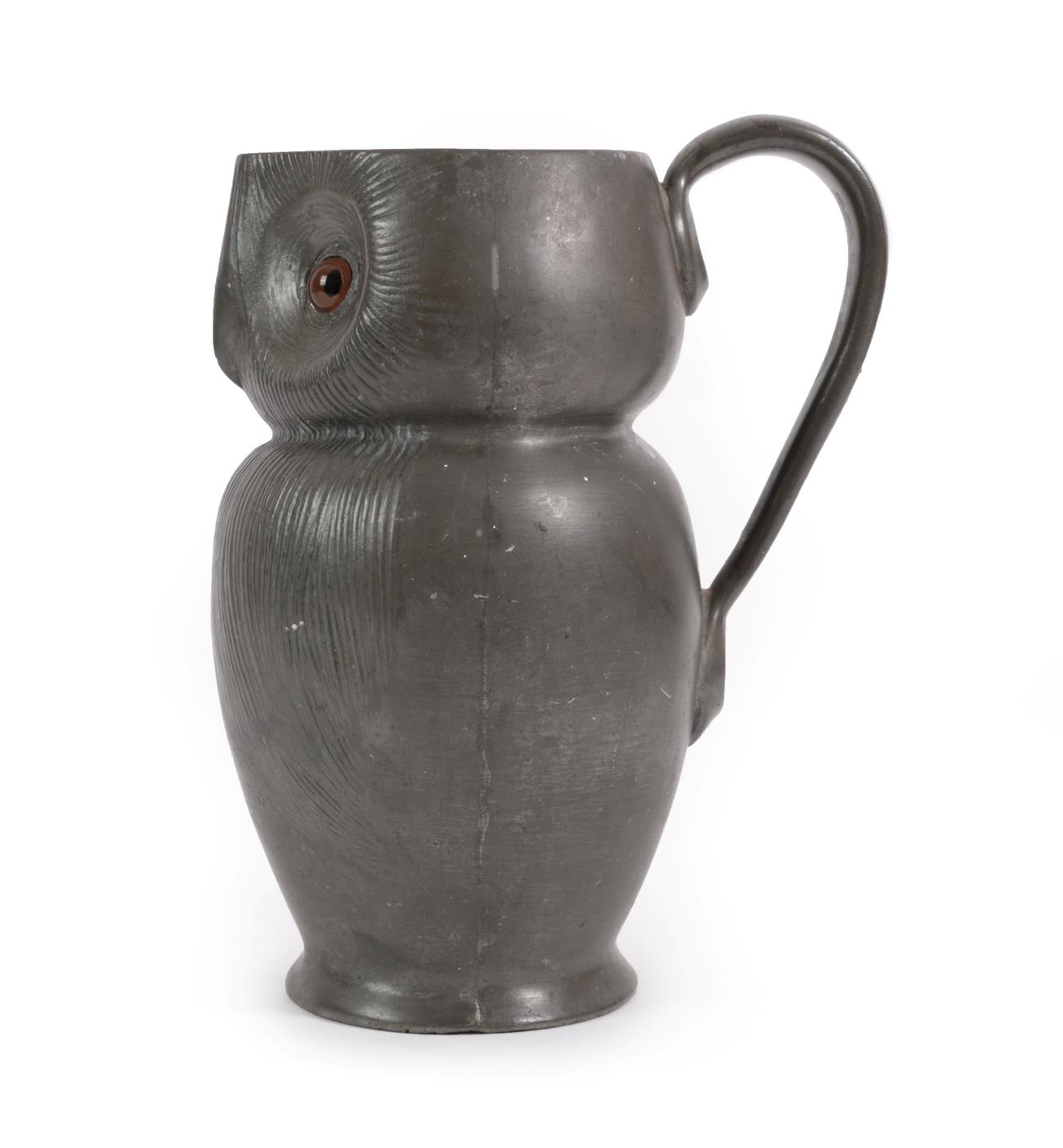 A Liberty & Co, London English Pewter Owl Jug, circa 1902, cast in the form of an owl with glass - Image 2 of 6