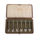 A Set of Six Liberty & Co, Silver Coffee Spoons, each with open work terminals set with semi-