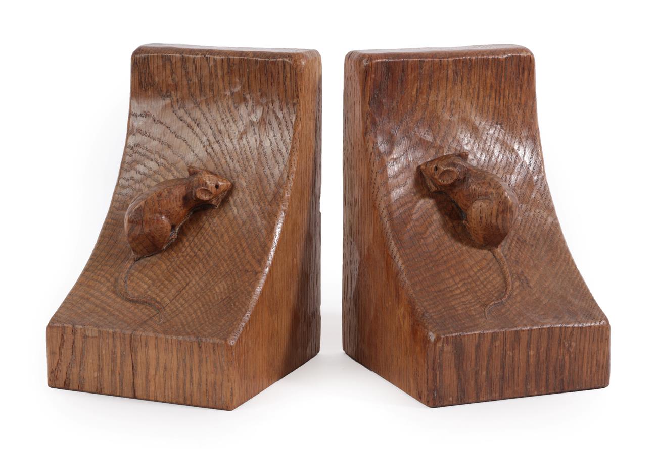 Workshop of Robert Mouseman Thompson (Kilburn): A Pair of English Oak Single Mouse Bookends, each