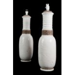 A Pair of Mid Century Italian Pottery Lamps, probably designed by Ugo Zaccagnini, white pitted glaze