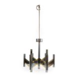 A 1970's Italian Chevron Brass and Chrome Chandelier, designed by Gaetano Sciolari, the central