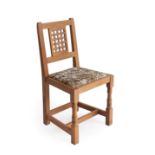 Cat and Mouseman: A Lyndon Hammell (Harmby): English Oak Lattice Back Chair, tapestry seat, on