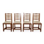 Cat and Mouseman: A Set of Four Lyndon Hammell (Harmby) English Oak Ladder Back Dining Chairs, re-