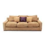 A Pair of Modern Italian Design Tan Suede Sofas; and Matching Footstool