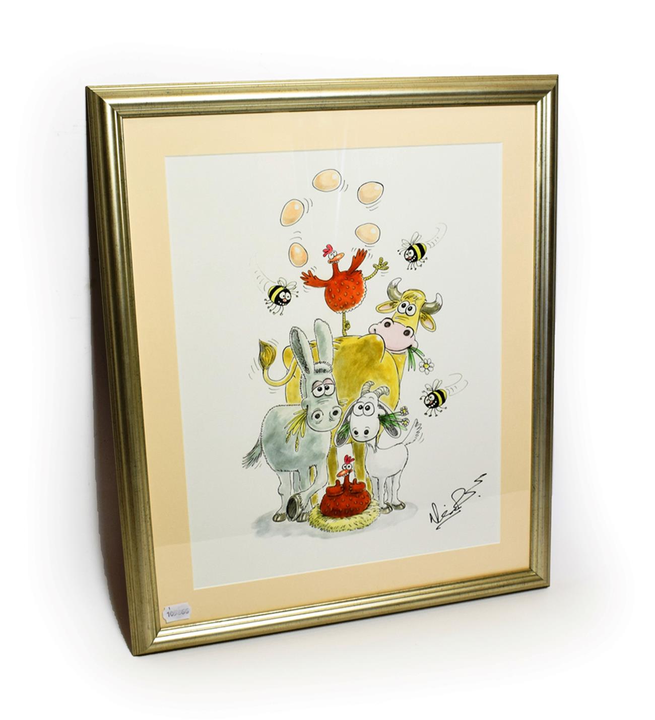 Nick Park Original Artwork Watercolour/Ink depicting five cartoon farmyard animals and three bees on