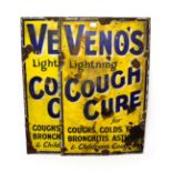 Venos Lightning Cough Cure Enamel Advertising Signs blue lettering on yellow ground (both F)