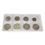 8 x English Silver Coins comprising: George III shilling 1787 no hearts, good edge & surfaces, toned