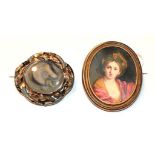 A Victorian hair work mourning brooch, measures 5.5cm by 5.0cm; and a late 19th century portrait