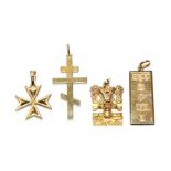 A 9 carat gold ingot pendant, length 3.6cm; a hieroglyphic pendant, stamped '14K'; a Maltese cross