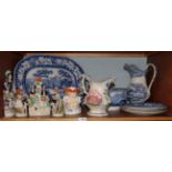 A 19th century blue and white meat dish, Staffordshire pottery, blue and white plates, etc