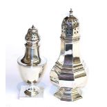 A George V silver caster, by Walker and Hall, Sheffield, 1920, octagonal and on conforming foot,