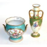 A Continental cache pot with floral and gilt decoration and a Dresden floral green and gilt
