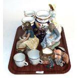 Tray of assorted ceramics including garniture, 19th century porcelain vases, Lladro etc