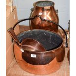 Oval copper pan, a smaller copper pan and a milk churn