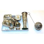 A quantity of assorted silver, comprising: two differing mustard-pots, one with blue glass liner;