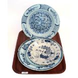 Two 19th century blue and white English Delft plates, together with a smaller pair of English
