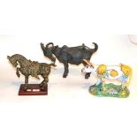 Studio pottery Billy Goat, Russian tin glazed earthenware cow and a modern Chinese tang style