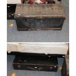 A large wooden woodworkers trunk including tools, together with a carpenters chest, including tools