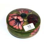 Moorcroft Anemone powder bowl and cover on a green ground, with box