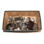 Silver and leather hip flask, quantity of silver plated gilt cutlery stamped Willhiem and a